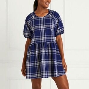 Hill House Adeline Mini Dress Navy Plaid Puff Sleeve Babydoll - XXLarge